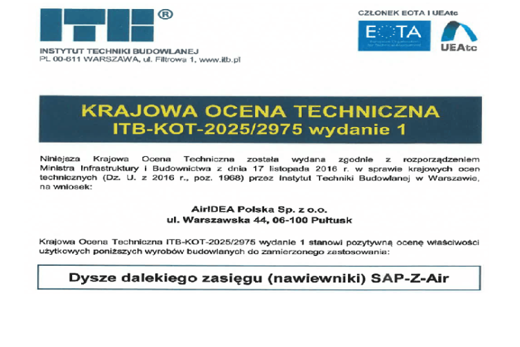 Dysze SAP-Z-Air z Krajową Oceną Techniczną (KOT) — już dostępne w sprzedaży