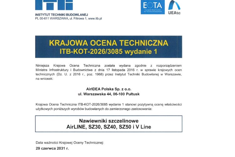 Krajowa Ocena Techniczna ITB dla nawiewników szczelinowych AirIDEA